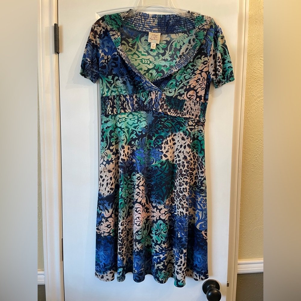 Suzi Chin blue/green print dress, size 2P